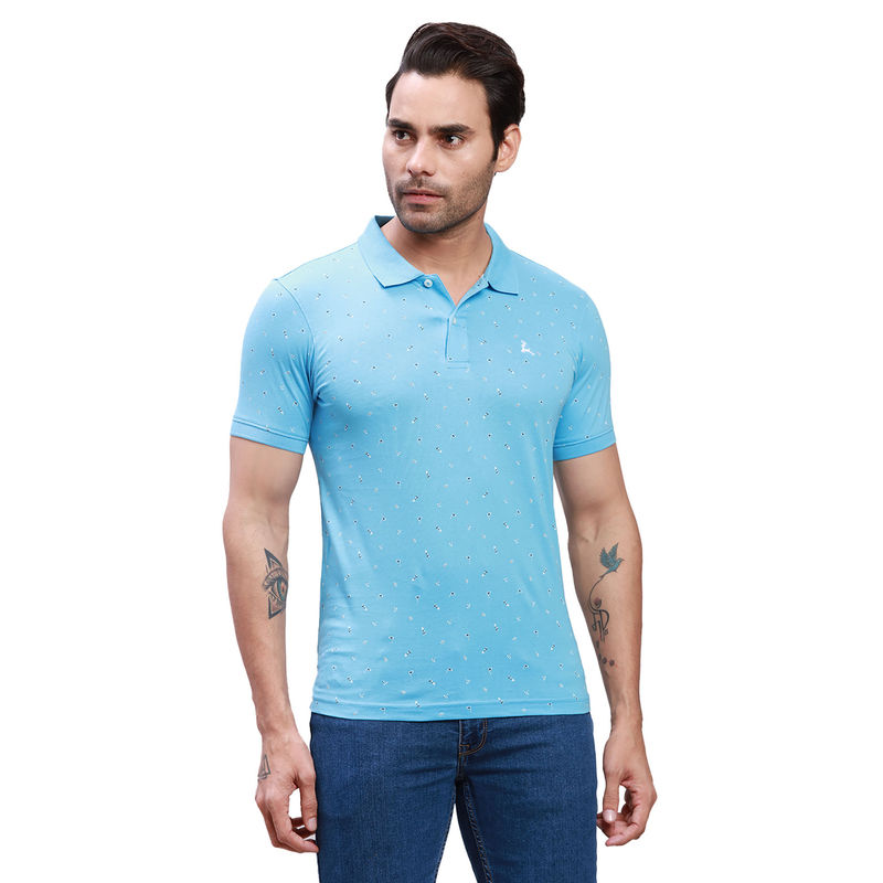 Parx Regular Fit Printed Light Blue Polo T-Shirt (S)