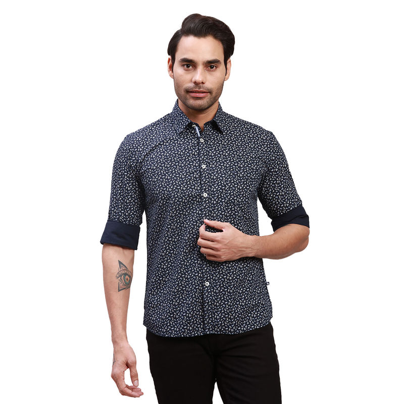 Parx Slim Fit Printed Dark Blue Shirt (42)