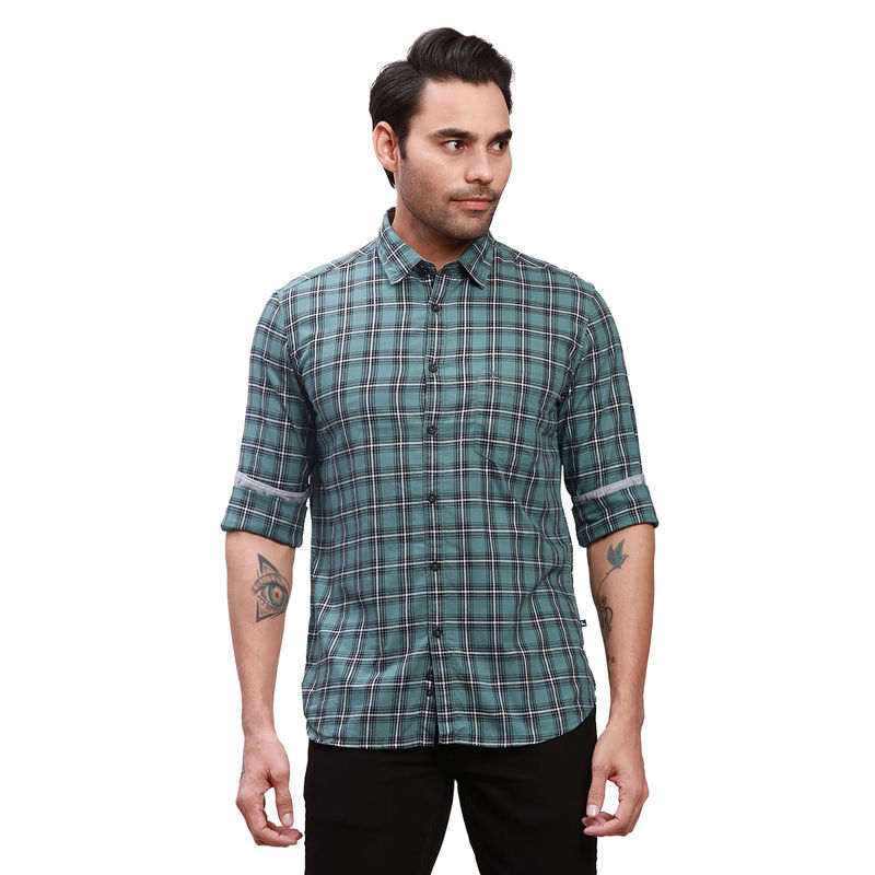 Parx Slim Fit Checkered Medium Green Shirt (44)