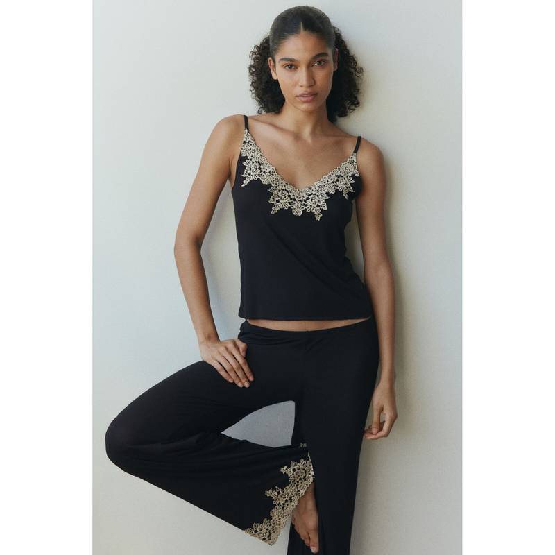 H&M Women Black Lace-Trimmed Jersey Pyjama And Top (XL)