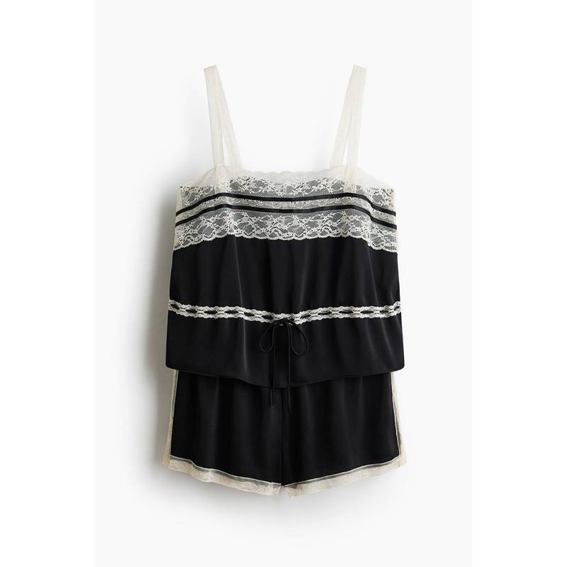 H&M Women Black Lace-Trimmed Satin Pyjamas (XS)