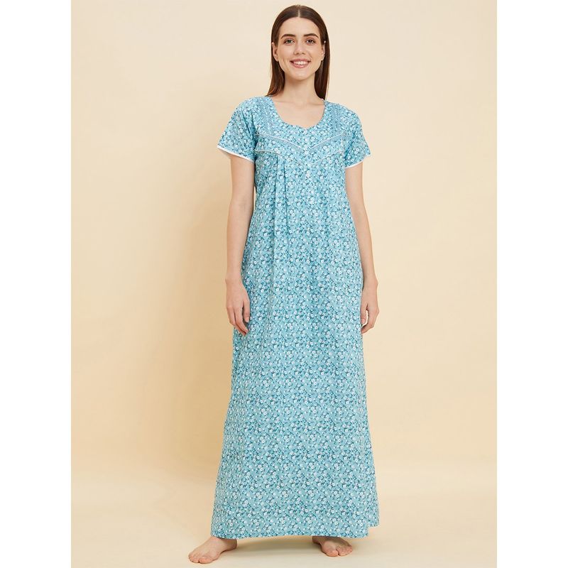 Sweet Dreams Women Floral Print Sky Blue Nighty (XL)
