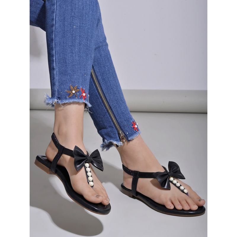 Shoetopia Pearl Beaded Bowknot Black Flats for Women (EURO 36)