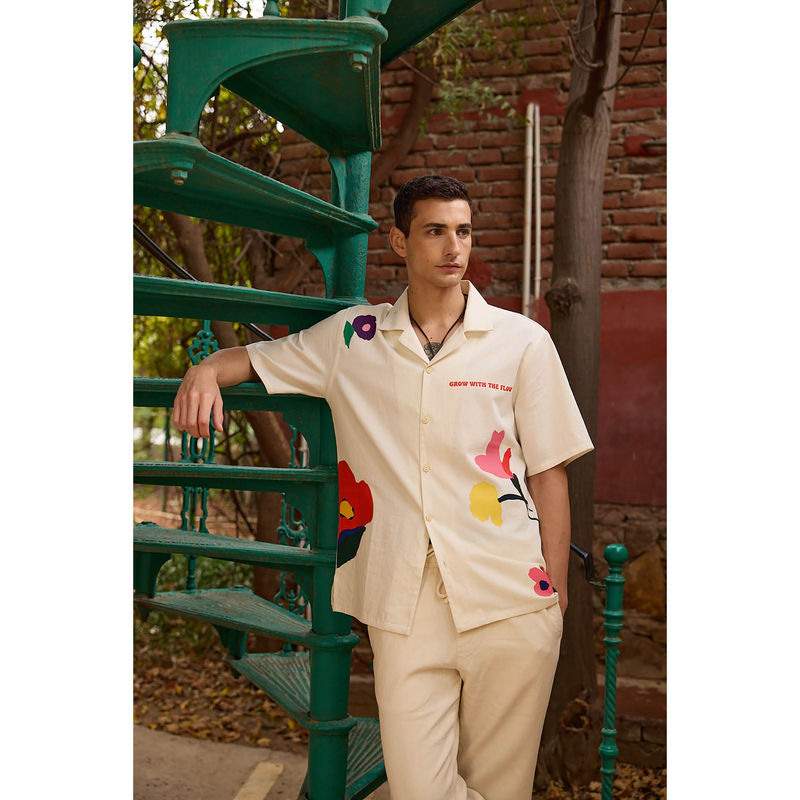 The Clothing Factory Premium Cotton Satin Off White Floral Print Shirt (3XL)