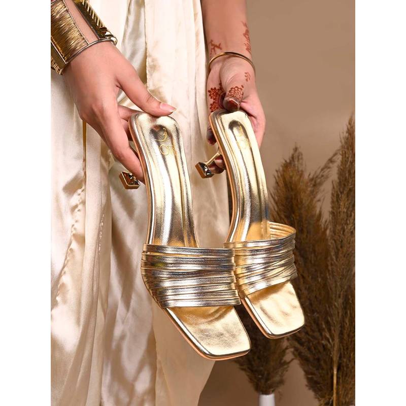 Jove Women Gold Striped Metallic Heels (EURO 38)