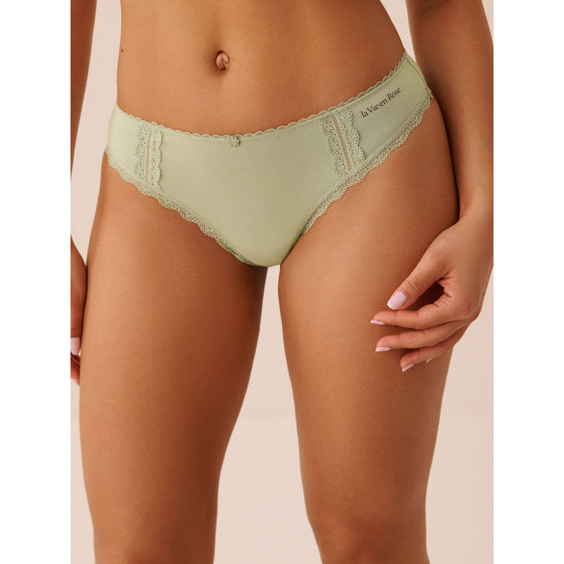 La Vie En Rose Cotton And Lace Detail Thong Panty Green (S)