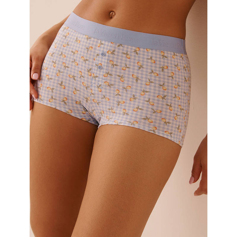 La Vie En Rose Cotton And Logo Elastic Band High Waist Boyshort Panty Blue (L)