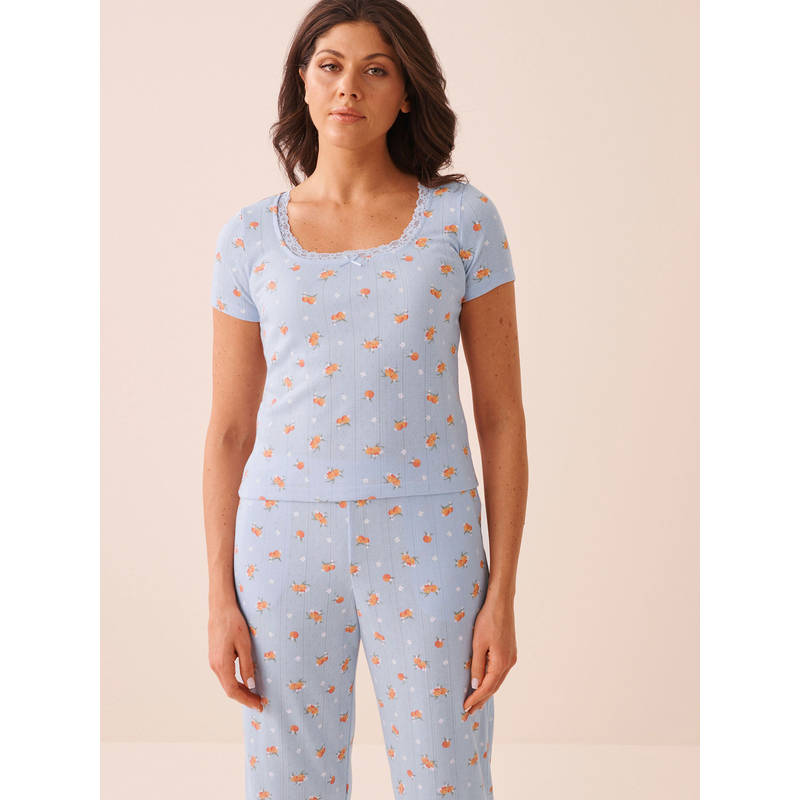 La Vie En Rose Peach Print Lace Trim Pointelle T-Shirt Blue (XS)