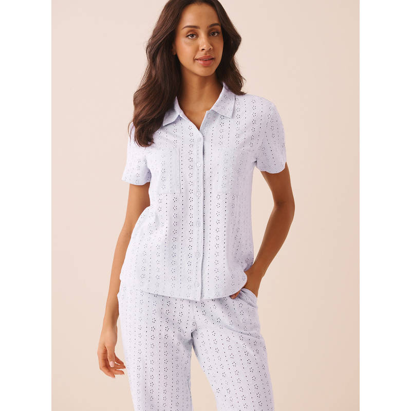 La Vie En Rose Cotton Eyelet Button-Down Shirt Blue (XS)