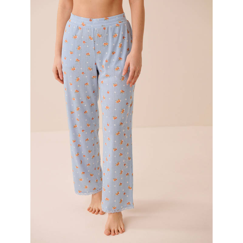 La Vie En Rose Peach Print Lace Trim Pointelle Pyjama Blue (XS)