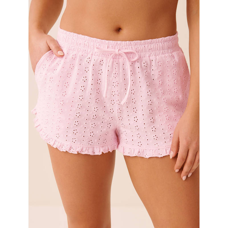 La Vie En Rose Cotton Eyelet Ruffle-Hem Shorts Pink (XS)