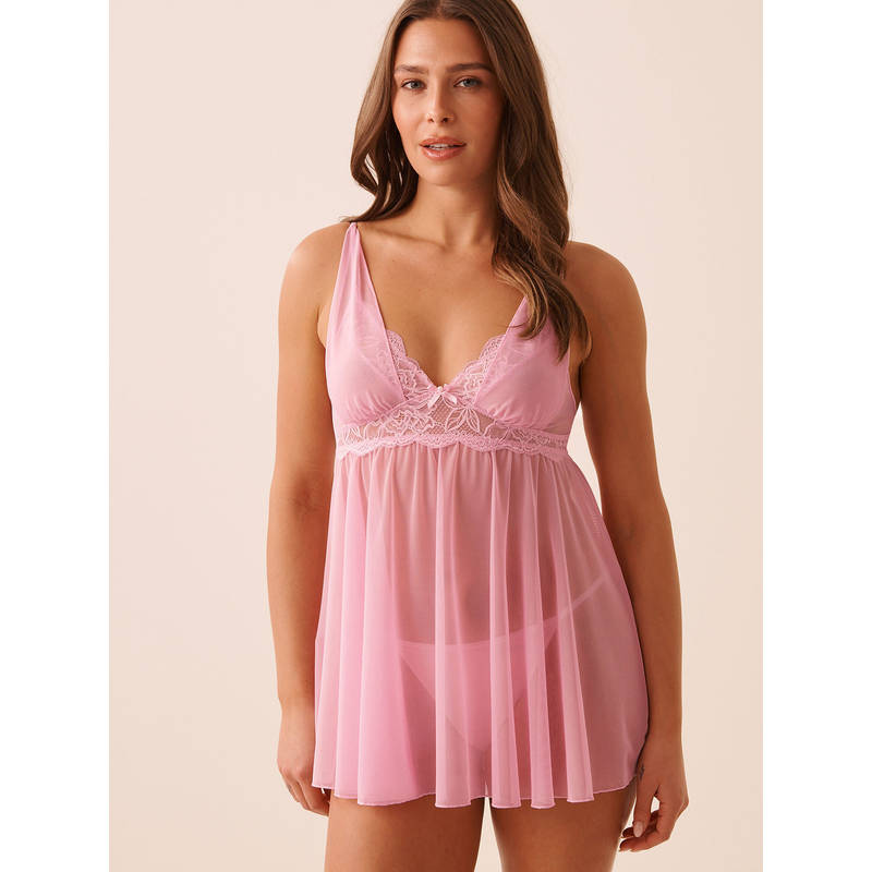 La Vie En Rose Floral Lace and Mesh Babydoll Pink (S)