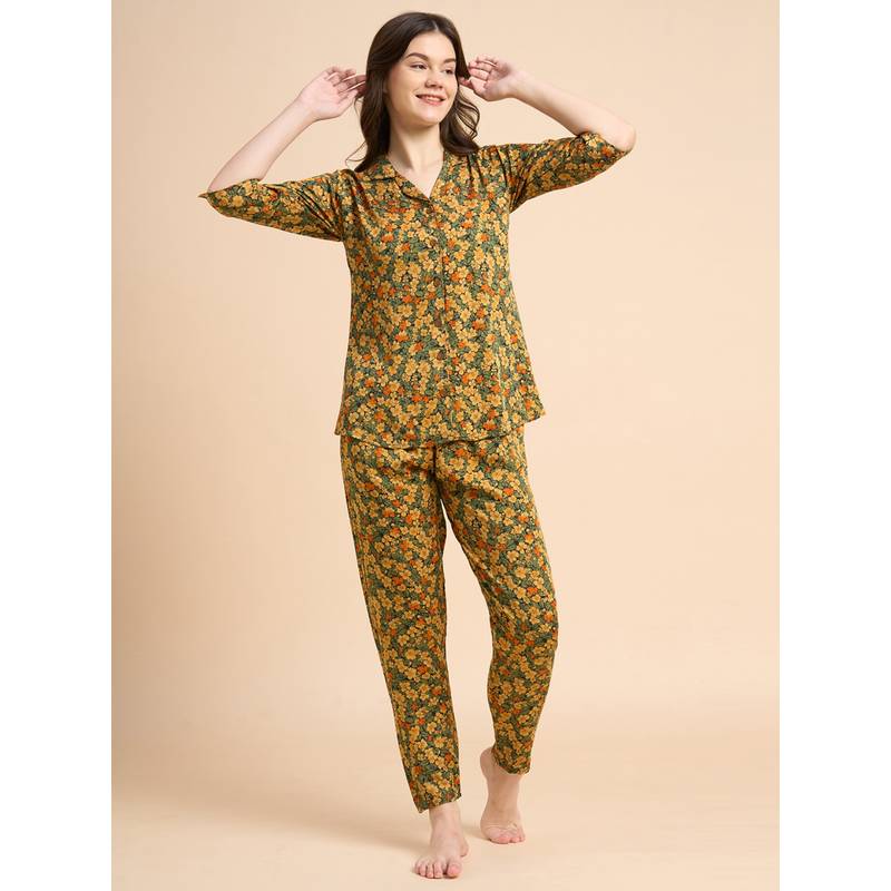 JULIANA DREAM Women Cotton Printed Shirt And Pyjama Olive (2XL)