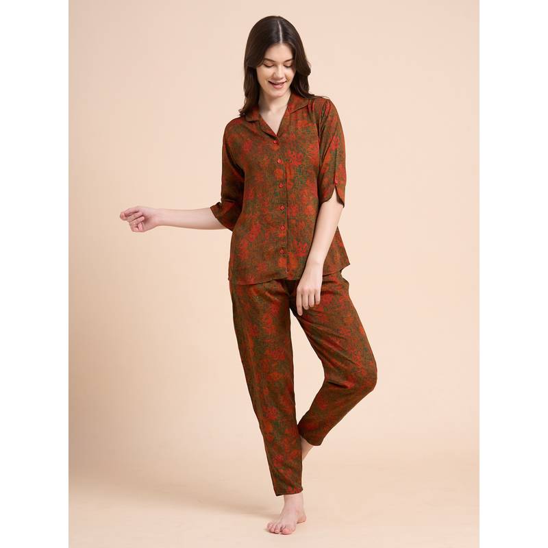 JULIANA DREAM Women Cotton Printed Shirt And Pyjama Red (M)