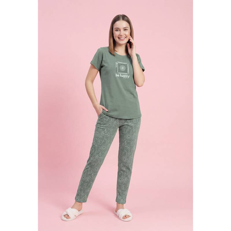 JULIANA DREAM Women Cotton Printed T-Shirt And Pyjama Green (S)