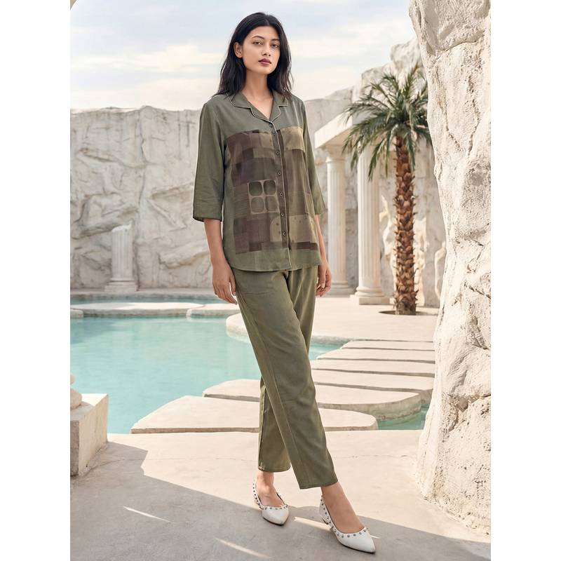 JULIANA DREAM Women Satin Printed Shirt And Pyjama Olive (M)