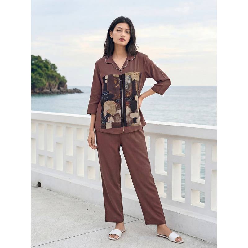 JULIANA DREAM Women Satin Printed Shirt And Pyjama Brown (2XL)