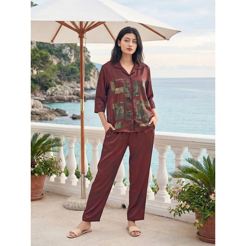 JULIANA DREAM Women Satin Printed Shirt And Pyjama Wine (M)