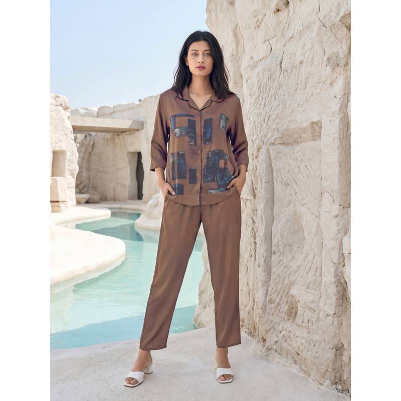 JULIANA DREAM Women Satin Printed Shirt And Pyjama Brown (M)