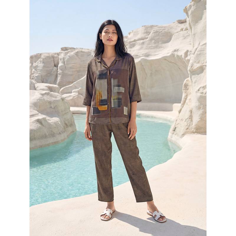 JULIANA DREAM Women Satin Printed Shirt And Pyjama Brown (M)