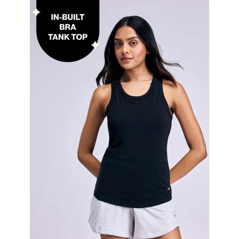 Nykd By Nykaa Inbuilt Bra Tank top in Cotton Stretch Rib NYAT512 Black (M)