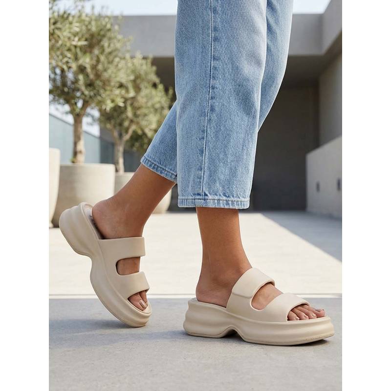 ELLE Women Beige Dual-Strap Platform Sandals (EURO 37)