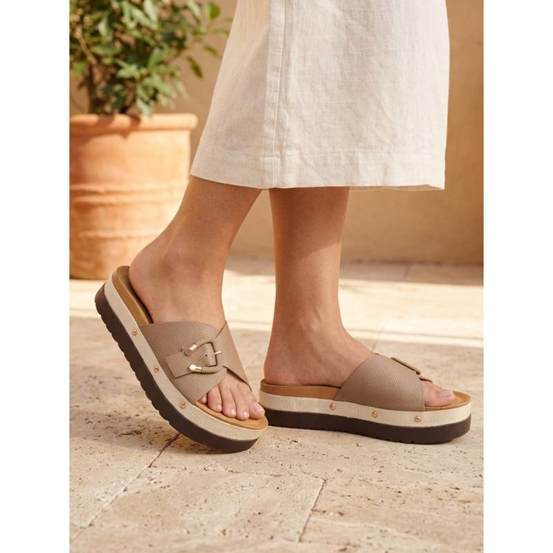 Iconics Women Beige Platform Stylish Buckle Sandals (EURO 38)