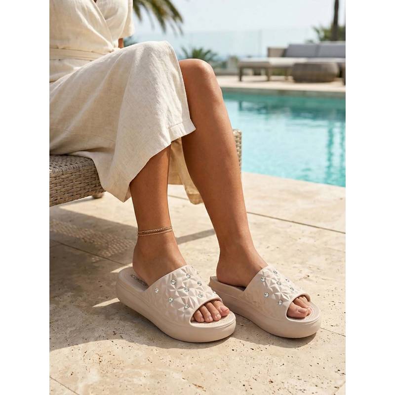 Iconics Women Beige Embellished Quilted Slip On Sliders (EURO 37)