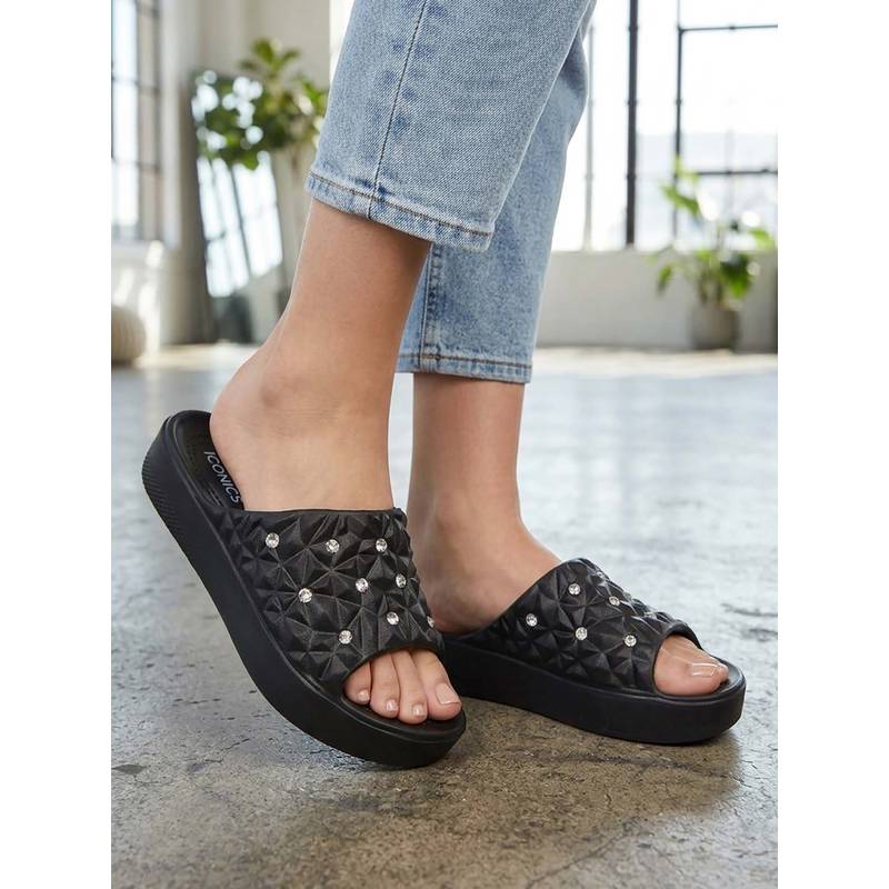 Iconics Women Black Embellished Quilted Slip On Sliders (EURO 41)