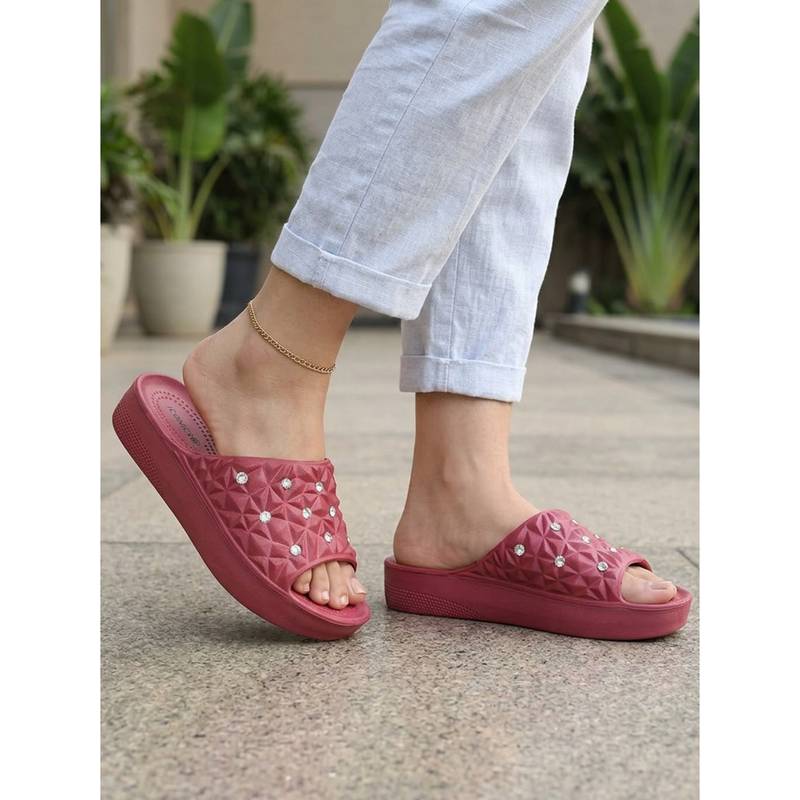 Iconics Women Wine Embellished Quilted Slip On Sliders (EURO 37)