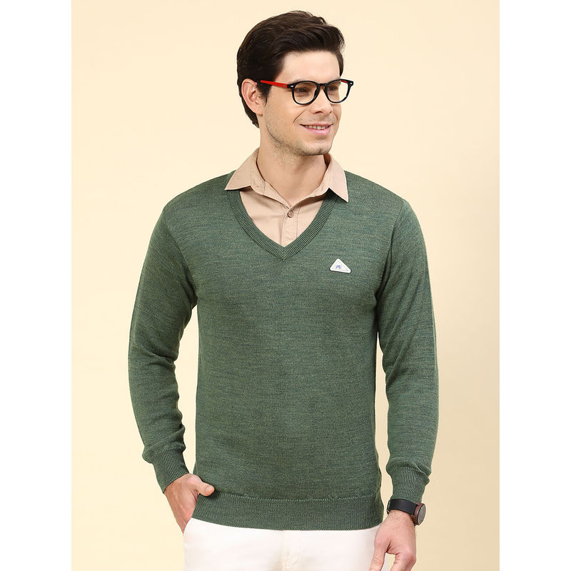Monte Carlo Mens Solid Green V-Neck Full Sleeves Pull On Sweater (L)