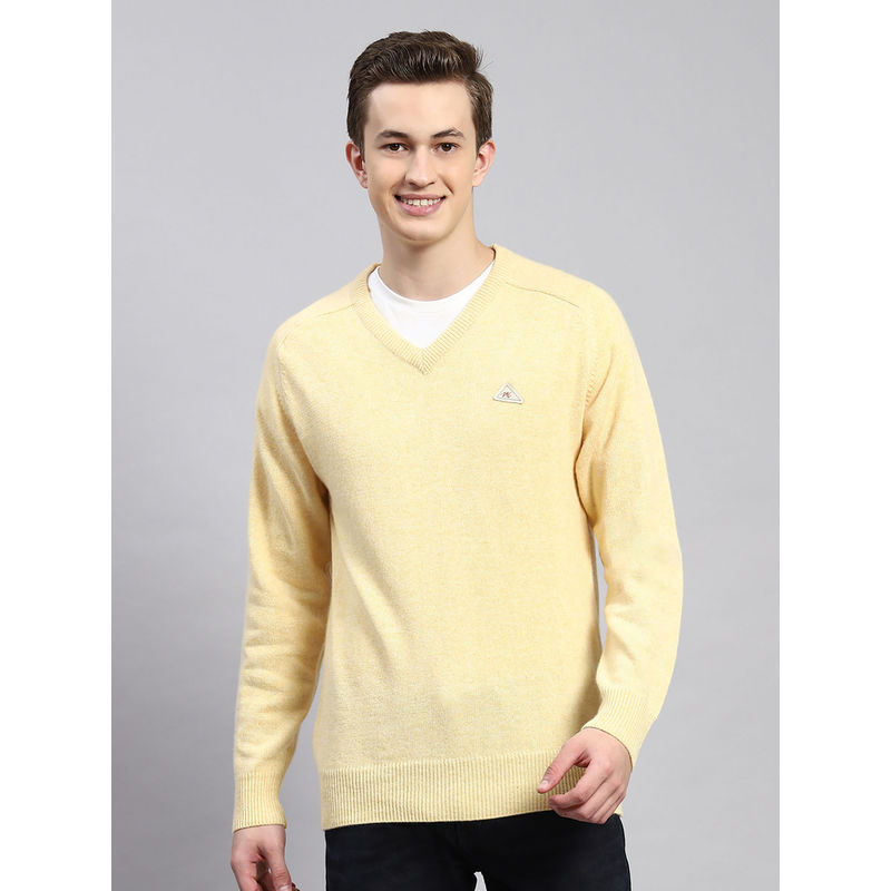 Monte Carlo Mens Solid Yellow V-Neck Full Sleeves Sweater (2XL)