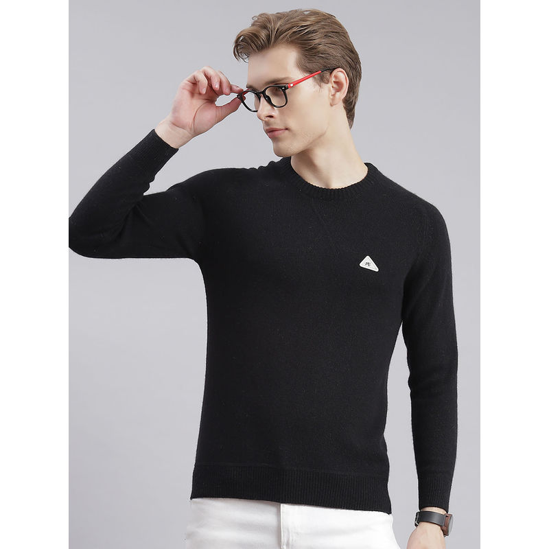 Monte Carlo Mens Solid Black Round Neck Full Sleeves Sweater (2XL)