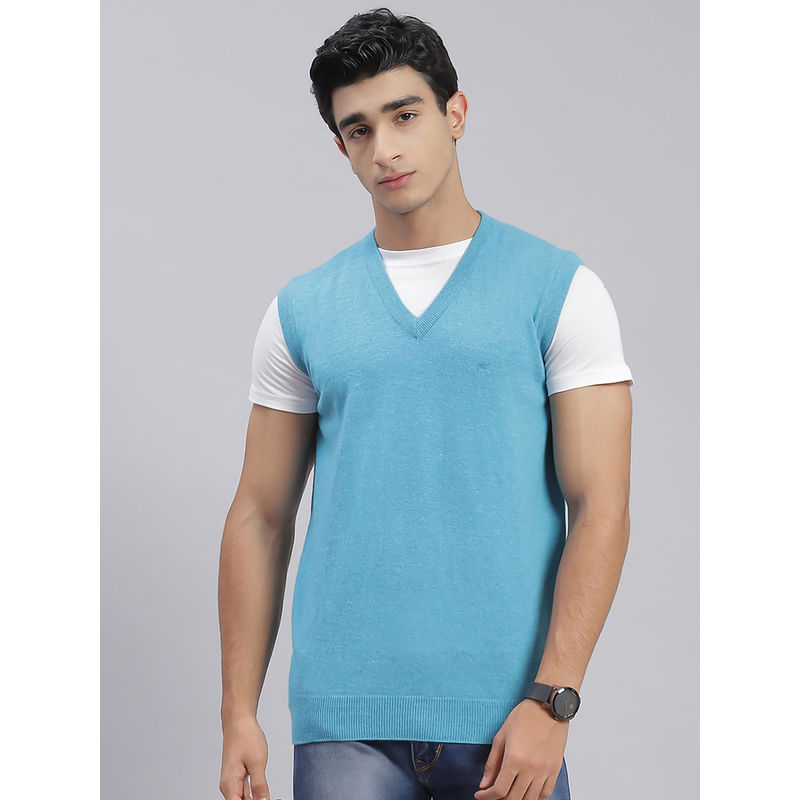 Monte Carlo Mens Solid Sky Blue Sleeveless Sweater (L)