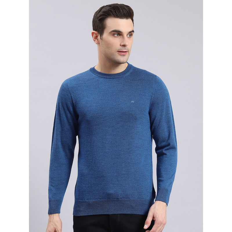 Monte Carlo Mens Solid Blue Round Neck Full Sleeves Sweater (L)