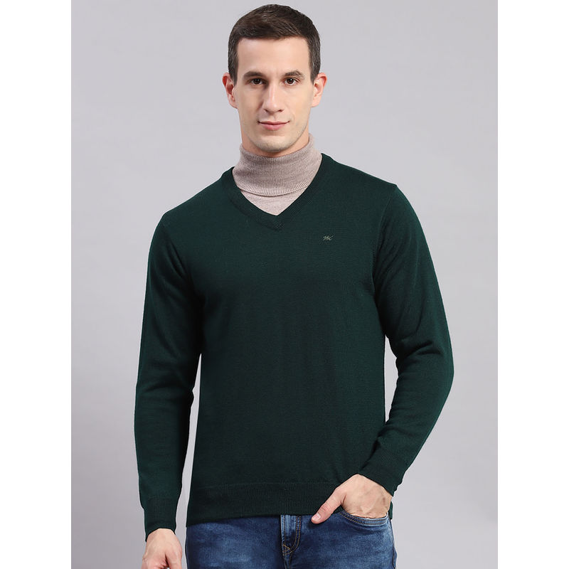 Monte Carlo Mens Solid Green V-Neck Full Sleeves Sweater (L)