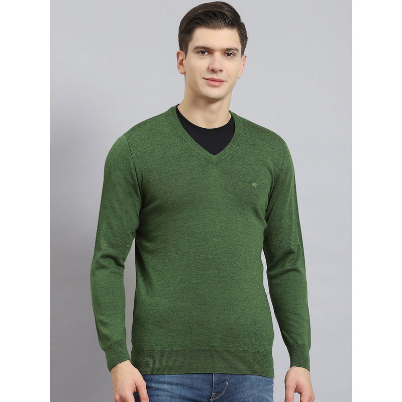 Monte Carlo Mens Solid Green V-Neck Full Sleeves Sweater (L)