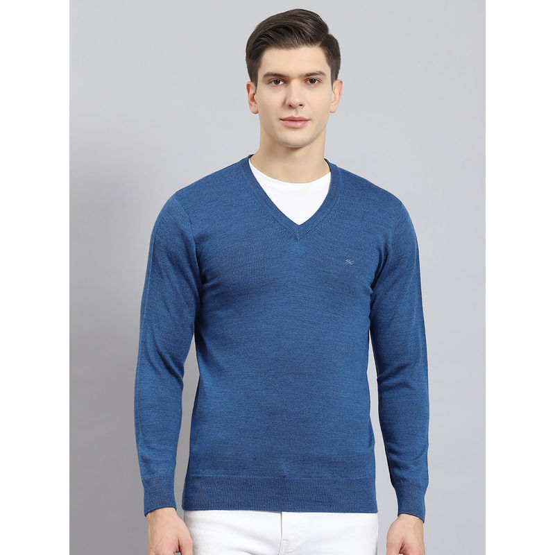 Monte Carlo Mens Solid Royal Blue V-Neck Full Sleeves Sweater (XL)