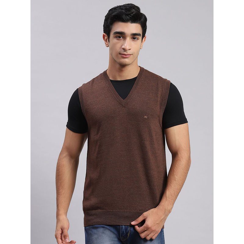 Monte Carlo Mens Solid Brown V-Neck Sleeveless Sweater (2XL)