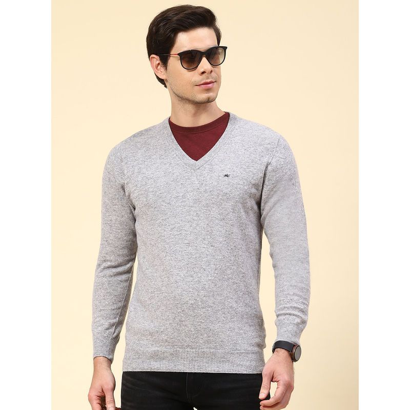 Monte Carlo Mens Solid Grey V-Neck Full Sleeves Sweater (3XL)