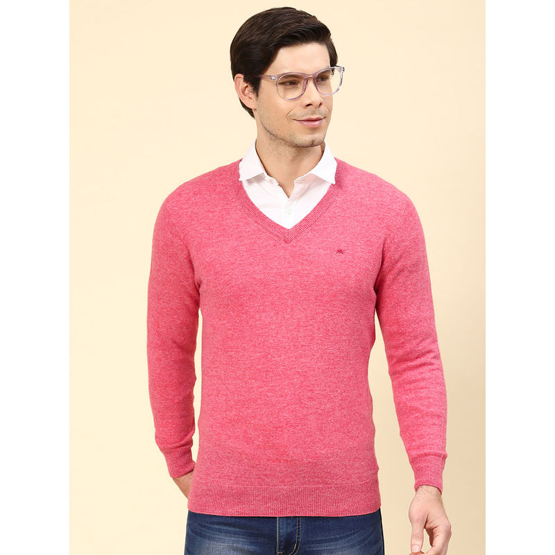 Monte Carlo Mens Solid Pink V-Neck Full Sleeves Sweater (2XL)