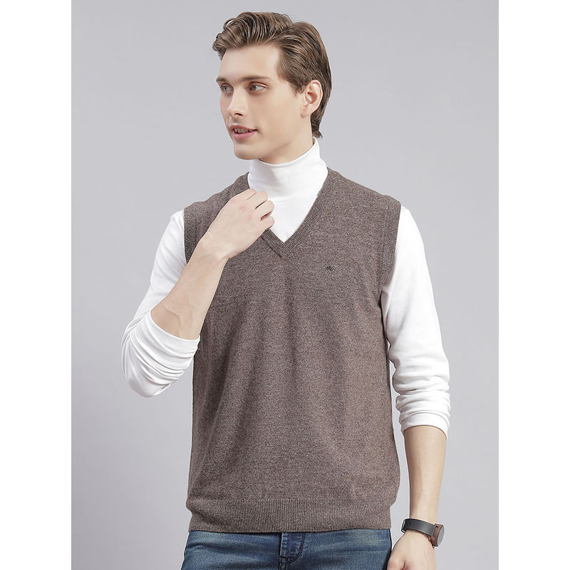 Monte Carlo Mens Solid Brown V-Neck Sleeveless Sweater (2XL)