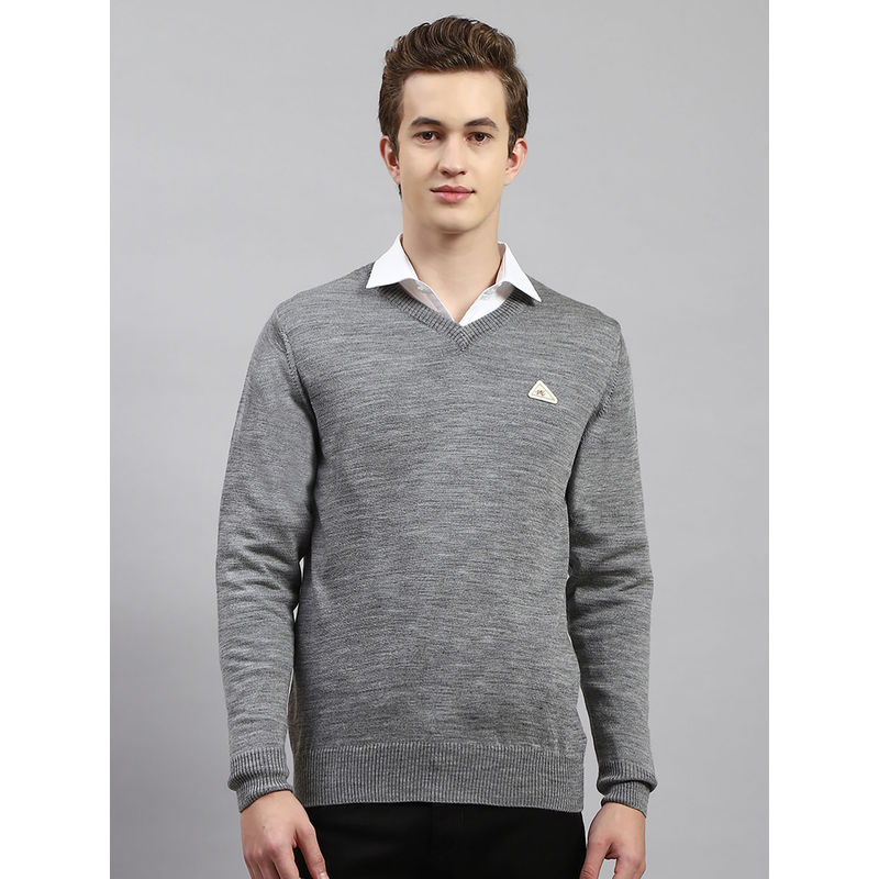 Monte Carlo Mens Solid Grey V-Neck Full Sleeves Sweater (3XL)