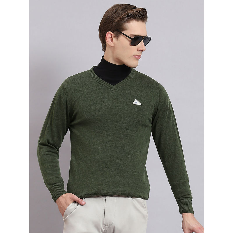 Monte Carlo Mens Solid Green V-Neck Full Sleeves Sweater (3XL)