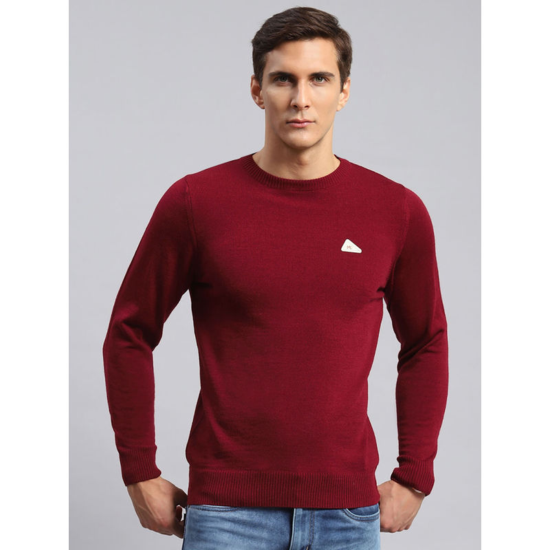 Monte Carlo Mens Solid Wool Red Round Neck Full Sleeves Sweater (L)