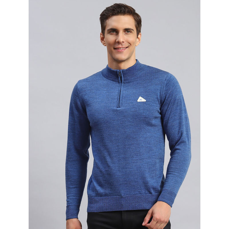 Monte Carlo Mens Solid Blue High Neck Zip Full Sleeves Sweater (L)