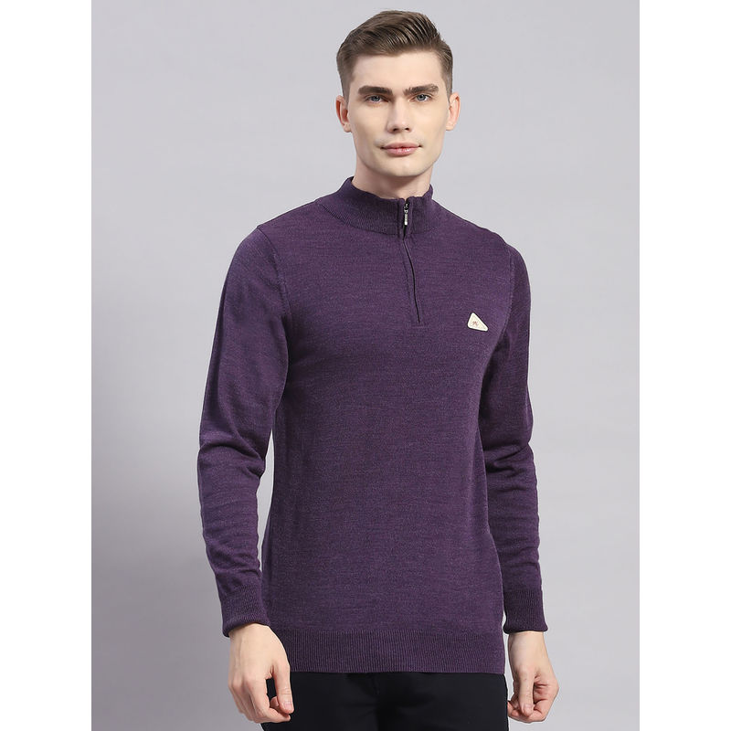Monte Carlo Mens Solid Purple High Neck Zip Full Sleeves Sweater (3XL)