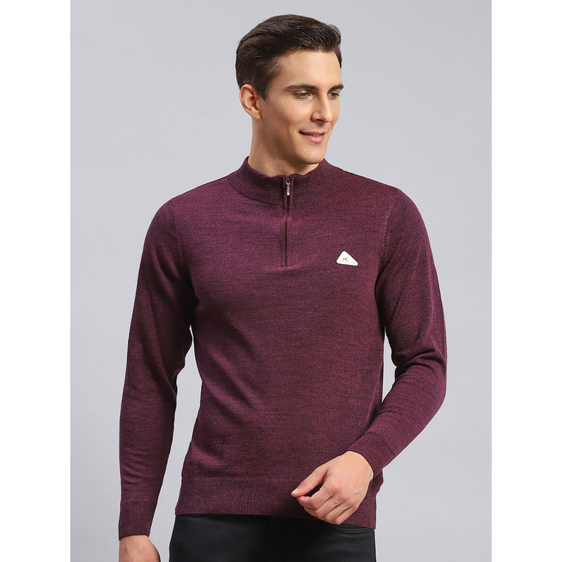 Monte Carlo Mens Solid Wine High Neck Zip Full Sleeves Sweater (3XL)