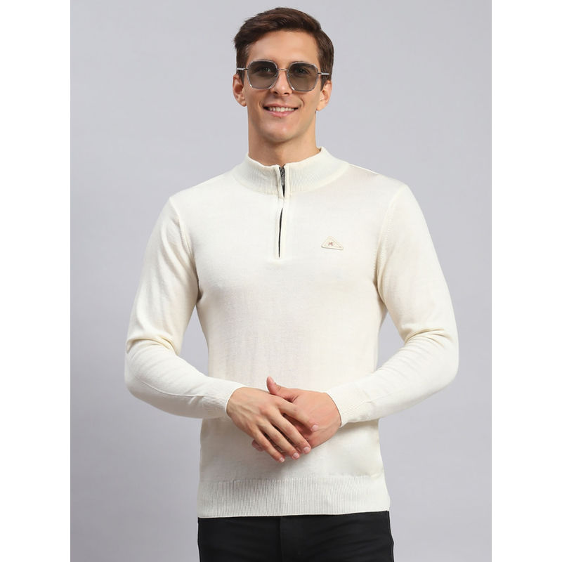 Monte Carlo Mens Solid Cream High Neck Zip Full Sleeves Sweater (3XL)