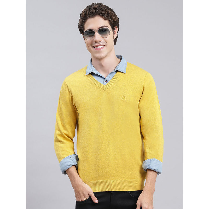 Monte Carlo Mens Solid Yellow V-Neck Full Sleeves Sweater (3XL)
